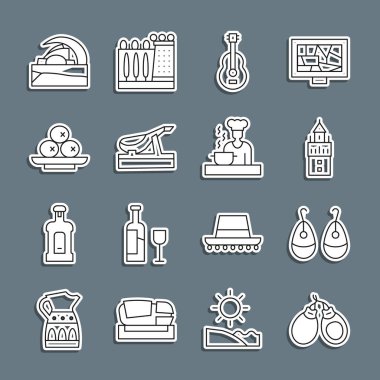 Set line Castanets, Earrings, Giralda, Spanish guitar, jamon, Olives plate, Concert hall de Tenerife and cook icon. Vector