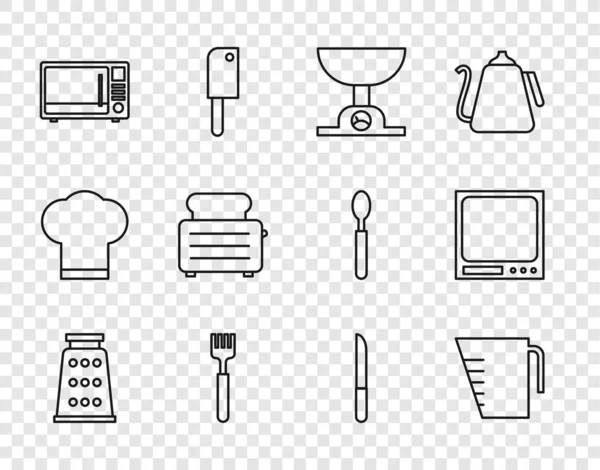 Set line Grater, Measuring cup, Electronic scales, Fork, Microwave oven, Toaster with toasts, Knife and icon. Vector — 스톡 벡터