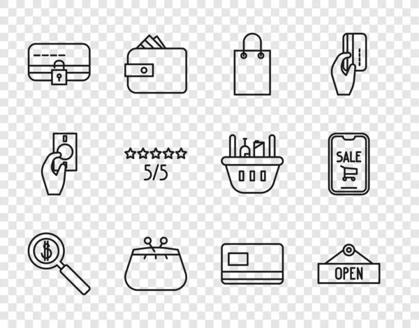 Set line Magnifying glass and dollar, Hanging sign with Open, Paper shopping bag, Wallet, Credit card lock, Consumer or customer product rating, and Mobile phone cart icon. Vector — Stockvektor