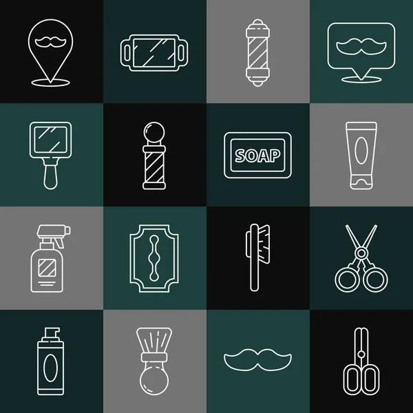 Set line Scissors hairdresser, Cream lotion cosmetic tube, Classic Barber shop pole, Hand mirror, Barbershop and of soap with foam icon. Vector — Wektor stockowy