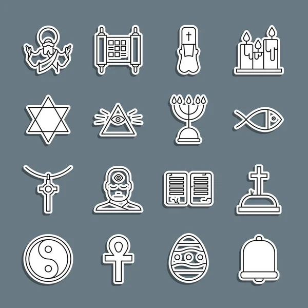 Set line Church bell, Tombstone with cross, Christian fish, Priest, Masons, Star of David, Jesus and Hanukkah menorah icon. Vector —  Vetores de Stock
