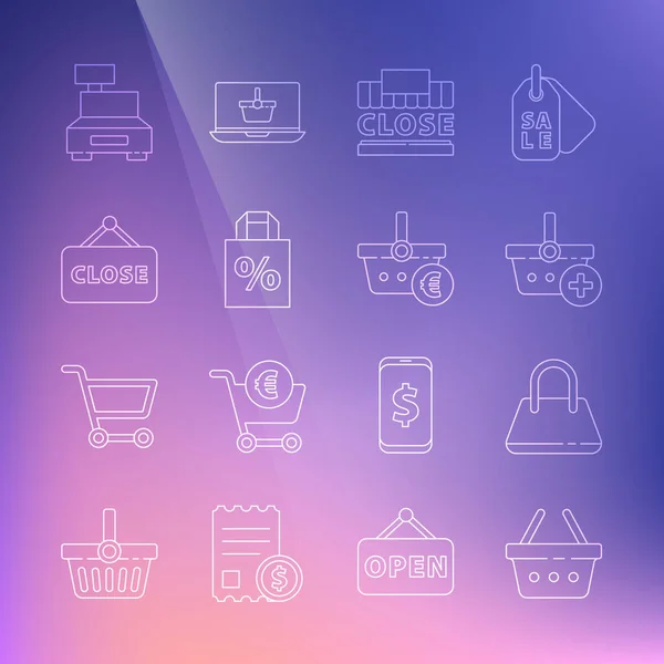 Set line Shopping basket, Handbag, Add to, building text closed, Shoping with percent discount, Hanging sign Closed, Cash register machine and euro icon. Vector — Stock vektor