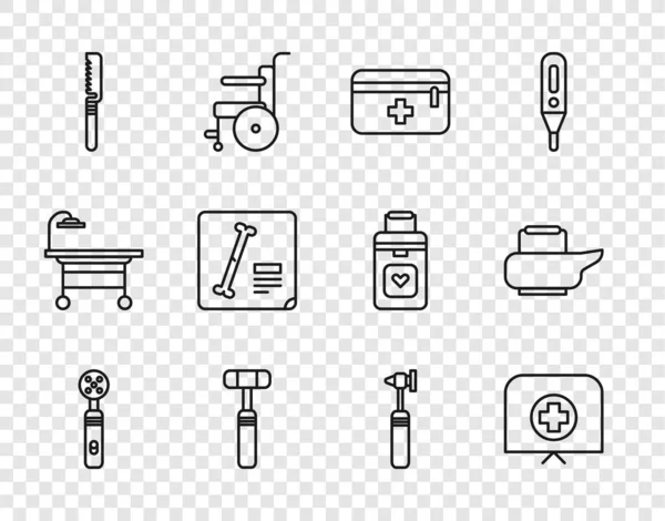 Set line Electric toothbrush, Nurse hat with cross, First aid kit, Neurology reflex hammer, Medical saw, X-ray shots, otoscope tool and Bedpan icon. Vector — 图库矢量图片