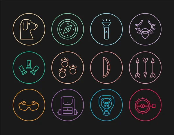 Set line Trap hunting, Hipster arrows, Flashlight, Paw print, Cartridges, Dog, Bow and Compass icon. Vector — 스톡 벡터