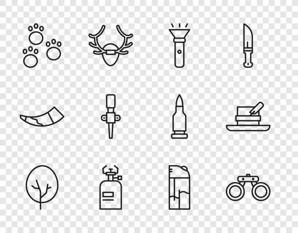 Set line Tree, Binoculars, Flashlight, Camping gas stove, Paw print, Torch flame, Lighter and Hunter hat with feather icon. Vector — Stockvektor