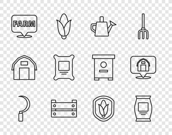 Set line Sickle, Fertilizer bag, Watering can, Wooden box, Location farm, Shield corn and house icon. Vector - Stok Vektor