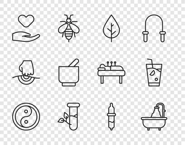 Set line Yin Yang, Bathtub, Leaf, Laboratory glass and leaves, Heart hand, Mortar pestle, Pipette and Fresh smoothie icon. Vector — Stock Vector