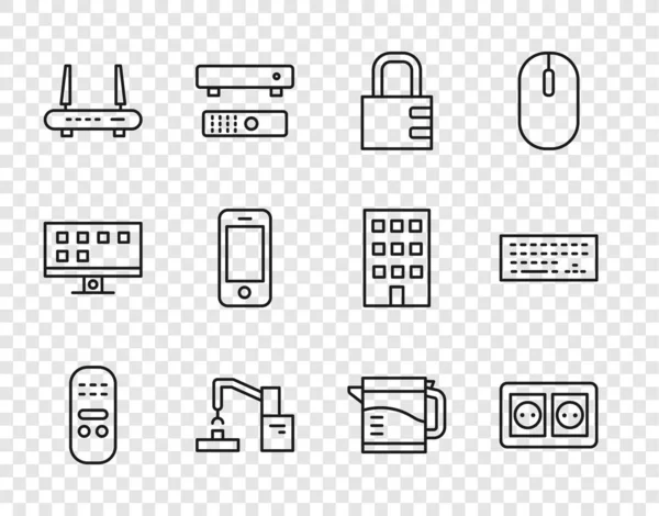 Set line Remote control, Electrical outlet, Safe combination lock, Robotic robot arm hand factory, Router wi-fi signal, Smartphone, kettle and Keyboard icon. Vector — Stockvector