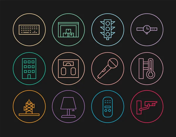 Set line Security camera, Meteorology thermometer, Traffic light, Bathroom scales, House, Keyboard, Microphone and Warehouse icon. Vector —  Vetores de Stock