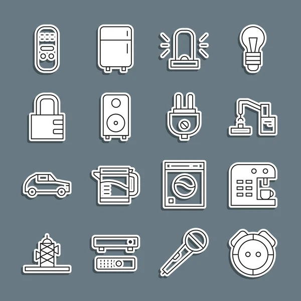 Set line Robot vacuum cleaner, Coffee machine, Robotic robot arm hand factory, Flasher siren, Stereo speaker, Safe combination lock, Remote control and Electric plug icon. Vector — Image vectorielle