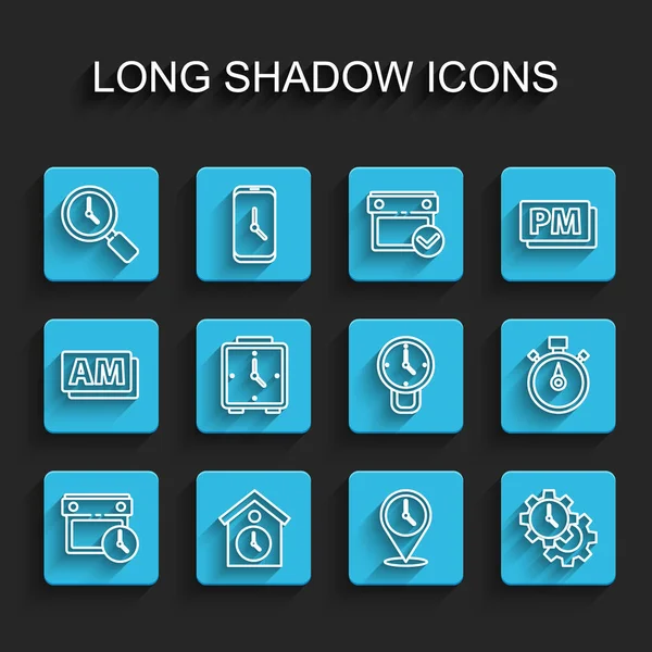 Set line Calendar and clock, Retro wall watch, Magnifying glass with, Location, Time Management, Alarm, Stopwatch and Clock icon. Vector — стоковий вектор