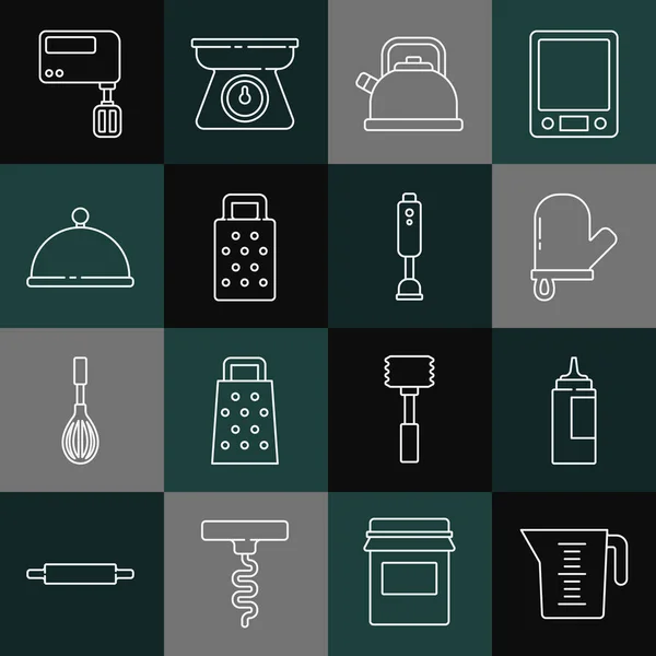 Set line Measuring cup, Sauce bottle, Oven glove, Kettle with handle, Grater, Covered tray, Electric mixer and Blender icon. Vector — Image vectorielle