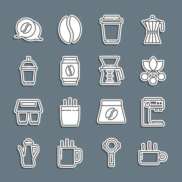 Set line Coffee cup, machine, bean, branch, to go, Bag coffee beans, and conversation and Pour over maker icon. Vector — Stock Vector