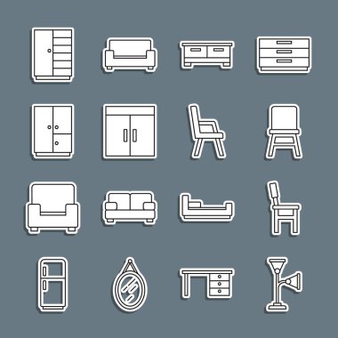 Set line Floor lamp, Chair, Chest of drawers, Wardrobe, and Armchair icon. Vector