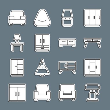 Set line Table lamp, Wardrobe, Office desk, on table, Armchair and Chest of drawers icon. Vector