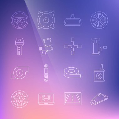 Set line Timing belt kit, Canister for motor oil, Car air pump, mirror, Paint spray gun, key with remote, Steering wheel and Wheel wrench icon. Vector