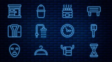 Set line Sauna hourglass, brush, Hot sauna stones, Shower, Bathrobe, wooden bathhouse, clock and bucket icon. Vector