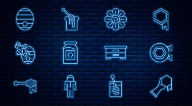 Set line Honeycomb and hand, Hanging sign with honeycomb, Flower, Jar of, Hive for bees, and dipper stick icon. Vector