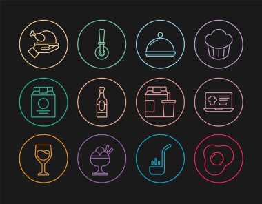 Set line Scrambled eggs, Online ordering and delivery, Covered with tray, Wine bottle, Roasted turkey chicken, and Pizza knife icon. Vector