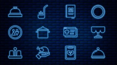 Set line Covered with tray, Wooden table, Restaurant cafe menu, Cooking pot, Toilet, Hotel service bell, Online ordering and delivery and Kitchen ladle icon. Vector