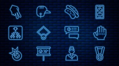 Set line Medal with baseball ball, Baseball glove, Hotdog sandwich, field, Championship tournament bracket, Speech bubble chat and helmet icon. Vector