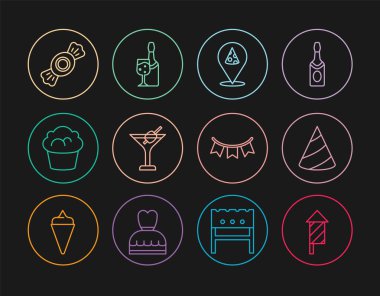 Set line Firework rocket, Party hat, Slice of pizza, Martini glass, Muffin, Candy, Carnival garland with flags and Champagne bottle icon. Vector