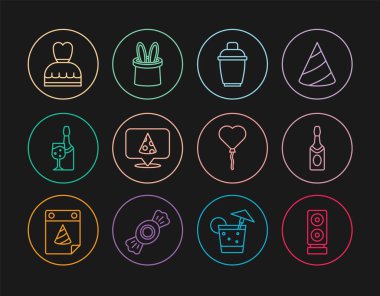 Set line Stereo speaker, Champagne bottle, Cocktail shaker, Slice of pizza, Woman dress, Balloons in form heart and Magician hat and rabbit ears icon. Vector