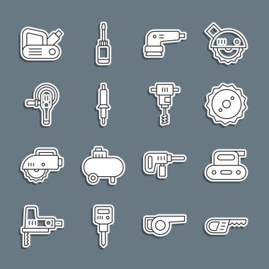 Set line Reciprocating saw, Electric planer tool, Circular blade, sander, Soldering iron, Angle grinder, and Electrical hand concrete mixer icon. Vector