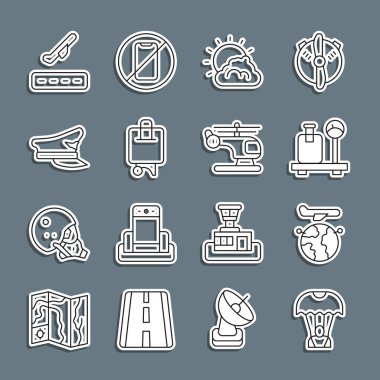 Set line Parachute, Globe with flying plane, Scale suitcase, Sun and cloud weather, Suitcase, Pilot hat, Plane takeoff and Helicopter icon. Vector