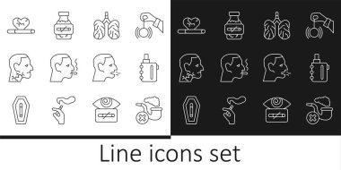 Set line Smoking pipe with smoke, Electronic cigarette, Disease lungs, Man smoking, Throat cancer, Heart disease, coughing and Nicotine gum blister pack icon. Vector