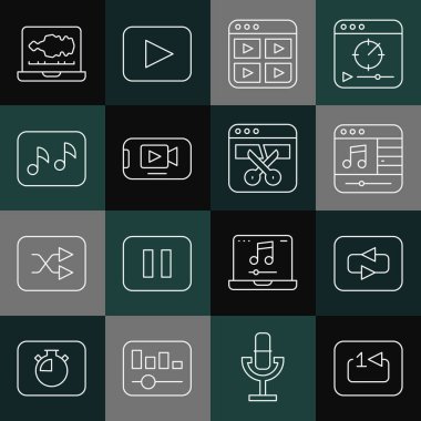 Set line Repeat track music player, button, Music, playlist, Online video, note, tone, Sound or audio recorder and Video editor icon. Vector