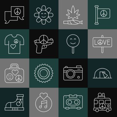 Set line Hippie camper van, Tourist tent, Peace, Marijuana joint, spliff, No war, t-shirt print stamp, Speech bubble chat and Smile face icon. Vector