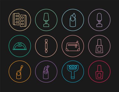 Set line Bottle of nail polish, Manicure, Cuticle pusher, lamp, Toe separator for pedicure, Cosmetic bag and Milling cutter manicure icon. Vector