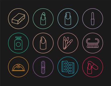 Set line Nail file, Pedicure brush or grater, manicure, Broken nail, Tube of hand cream, False nails and icon. Vector