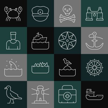 Set line Cargo ship, Ship steering wheel, Anchor, Skull on crossbones, Cruise, Sailor captain, Crab and Wind rose icon. Vector