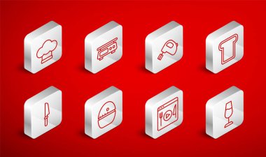 Set line Wine glass, Electronic scales, Electric mixer, Bread toast, Cooking live streaming, Chef hat, Kitchen timer and Knife icon. Vector