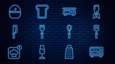 Set line Microwave oven, Barbecue spatula, Electronic scales, Fork, Meat chopper, Kitchen timer, whisk and Bread toast icon. Vector
