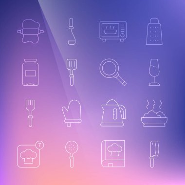 Set line Meat chopper, Bowl of hot soup, Wine glass, Microwave oven, Barbecue spatula, Jam jar, Rolling pin on dough and Frying pan icon. Vector