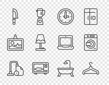 Set line Vacuum cleaner, Hanger wardrobe, Clock, Microwave oven, Knife, Table lamp, Bathtub and Washer icon. Vector