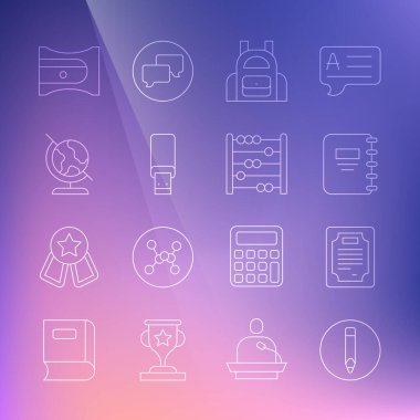 Set line Pencil, Certificate template, Notebook, School backpack, USB flash drive, Earth globe, sharpener and Abacus icon. Vector