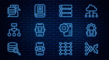 Set line Neural network, Robot setting, Server, Data, Chat, Algorithm, and Artificial intelligence AI icon. Vector