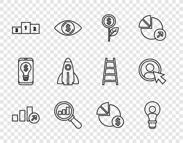 Set line Financial growth, Head with lamp bulb, Dollar plant, Magnifying glass and analysis, Business podium, Startup project concept, Pie chart dollar and Create account screen icon. Vector — Image vectorielle