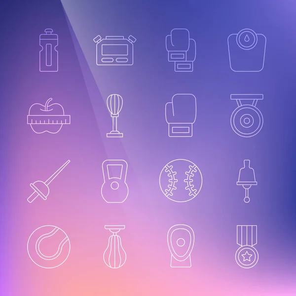 Set line Medal, Ringing bell, Gong, Boxing glove, Punching bag, Apple and measuring tape, Fitness shaker and icon. Vector — Διανυσματικό Αρχείο