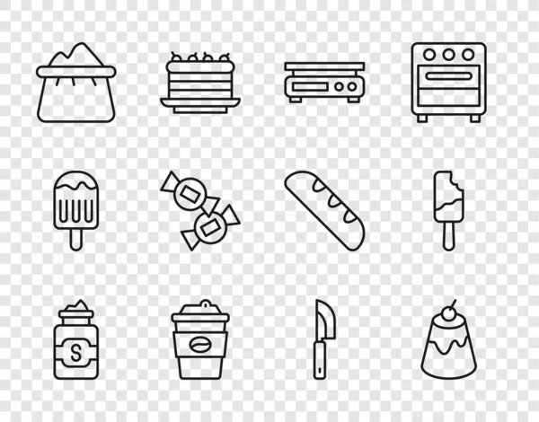 Set line Jar of sugar, Pudding custard, Electronic scales, Coffee cup to go, Bag flour, Candy, Knife and Ice cream icon. Vector — 스톡 벡터