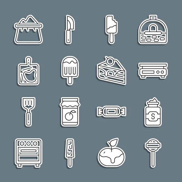 Set line Lollipop, Jar of sugar, Electronic scales, Ice cream, Cutting board, Bag flour and Piece cake icon. Vector — Vettoriale Stock