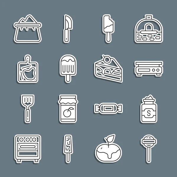 Set line Lollipop, Jar of sugar, Electronic scales, Ice cream, Cutting board, Bag flour and Piece cake icon. Vector — Vetor de Stock