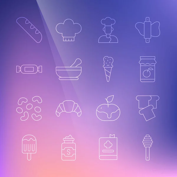 Set line Honey dipper stick, Bread toast, Jam jar, Cook, Mortar and pestle, Candy, French baguette bread and Ice cream in waffle cone icon. Vector — Διανυσματικό Αρχείο