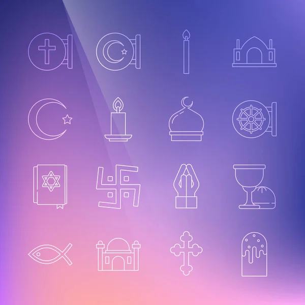 Set line Easter cake, Holy grail or chalice, Dharma wheel, Burning candle, Star crescent, Christian cross and Muslim Mosque icon. Vector — Vettoriale Stock