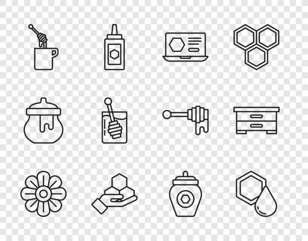 Set line Flower, Honeycomb, online service, and hand, dipper stick with honey, Jar of and Hive for bees icon. Vector — Stock vektor