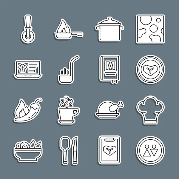 Set line Toilet, Chef hat, Steak meat on plate, Cooking pot, Kitchen ladle, Online ordering and delivery, Pizza knife and Restaurant cafe menu icon. Vector — Stock Vector